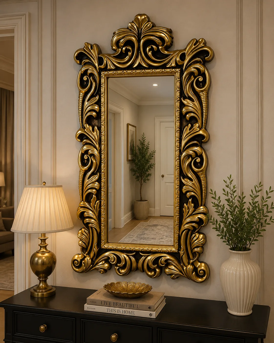 Gold Polyester Klasik Duvar Aynası | Büyük Dekoratif Salon ve Antre Aynası - Görsel 2
