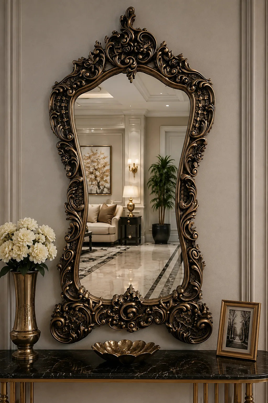 180x83 cm Bronz Polyester Duvar Aynası | Klasik Oymalı Dekoratif Salon Aynası