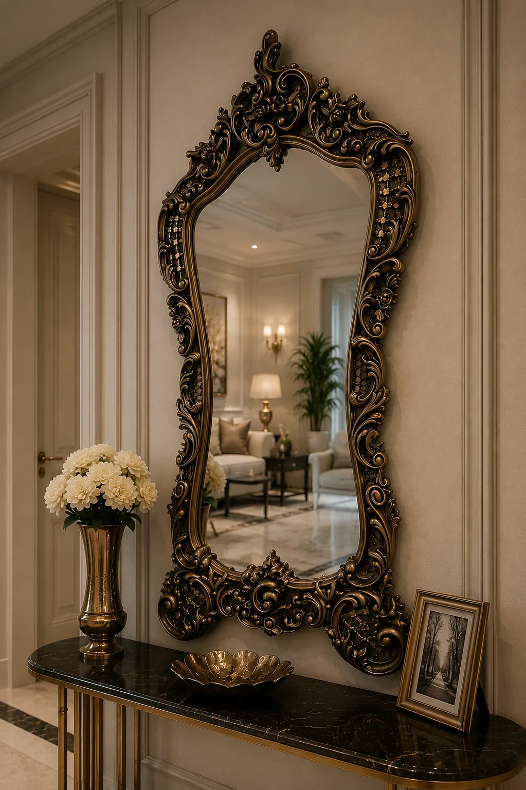 180x83 cm Bronz Polyester Duvar Aynası | Klasik Oymalı Dekoratif Salon Aynası - Görsel 2