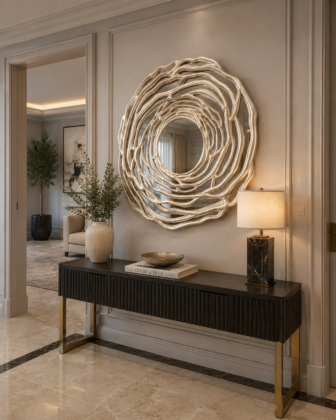 Modern Organik Tasarım Polyester Duvar Aynası 97x94 cm – Dekoratif Yuvarlak Salon, Antre ve Oturma Odası Aynası - Görsel 2