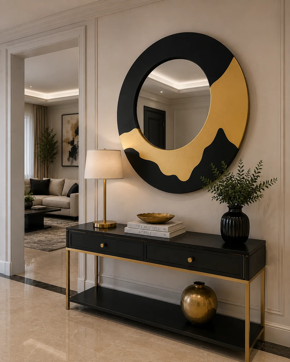 90x90 cm Modern Yuvarlak Siyah Gold Polyester Duvar Aynası – Dekoratif Tasarım Salon Antre Ayna - Görsel 2