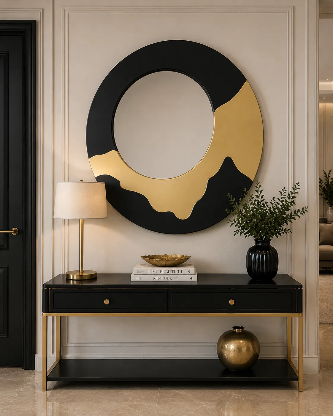 90x90 cm Modern Yuvarlak Siyah Gold Polyester Duvar Aynası – Dekoratif Tasarım Salon Antre Ayna