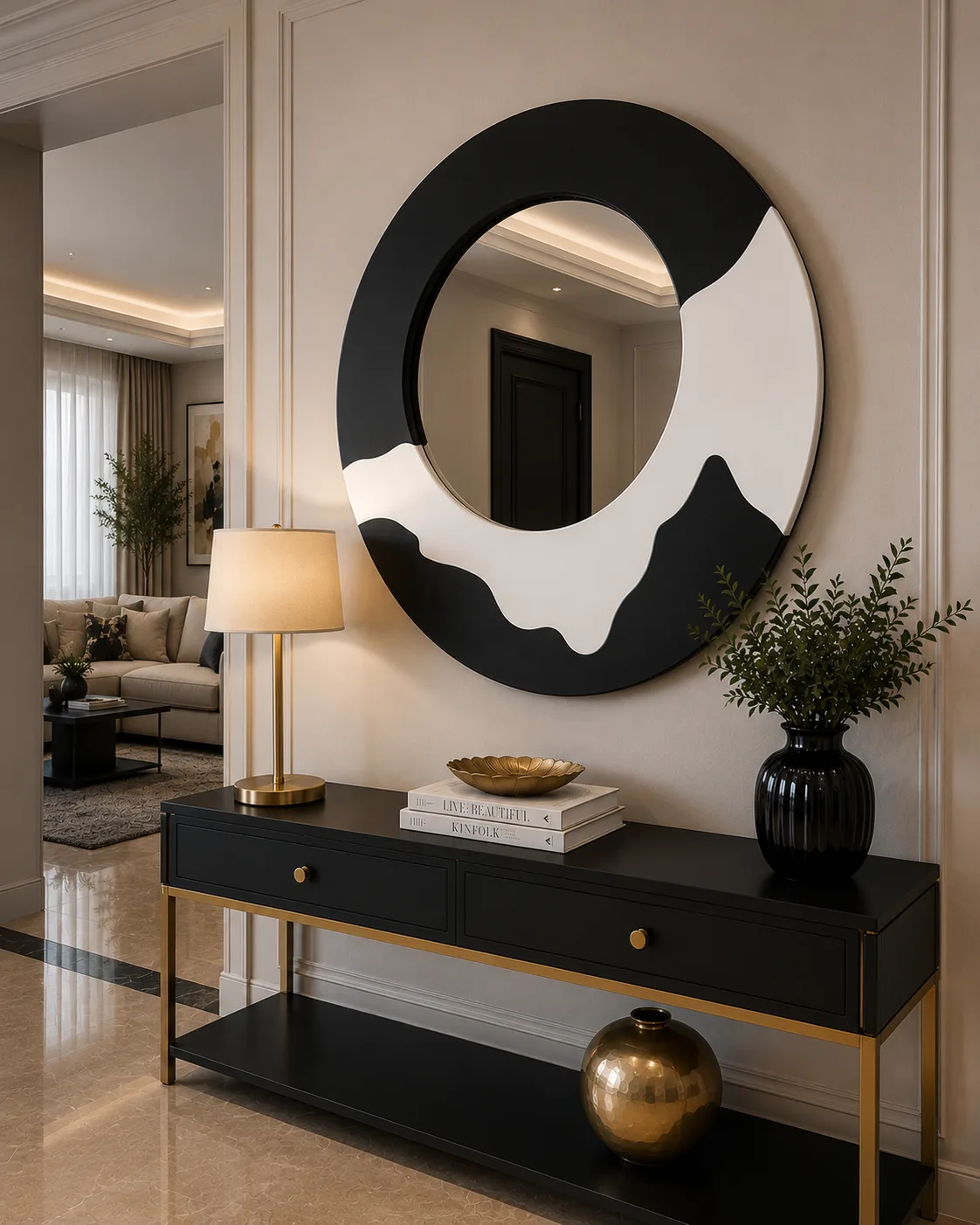 90x90 cm Modern Yuvarlak Siyah Beyaz Polyester Duvar Aynası – Dekoratif Tasarım Salon Antre Ayna - Görsel 2
